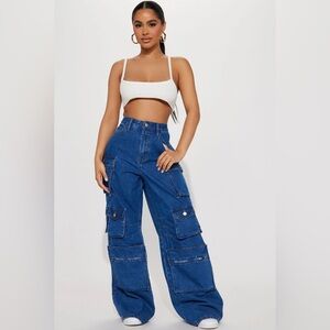 Fashion Nova Petite Lily High Rise Cargo Jeans - Medium Blue Wash Size 11